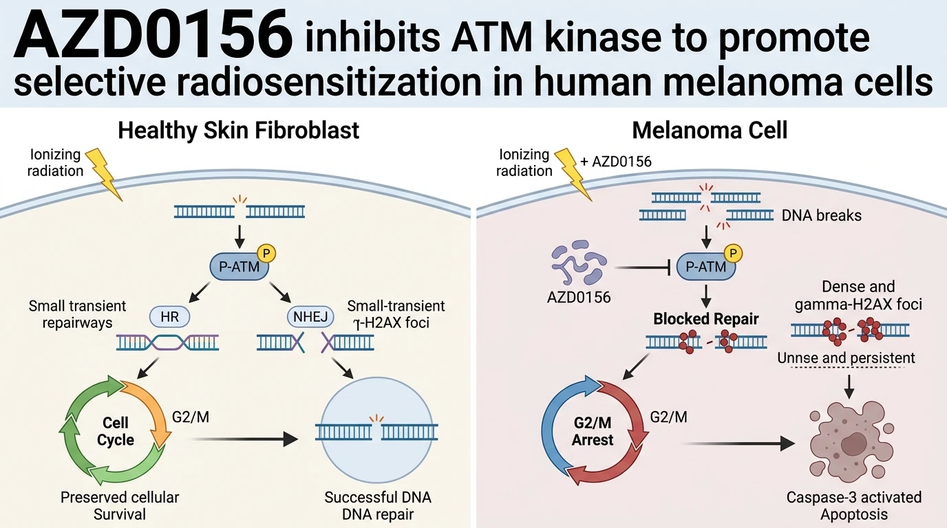 Schematic diagram of ATM kinase DNA damage response signaling pathway in irradiated cancer cells