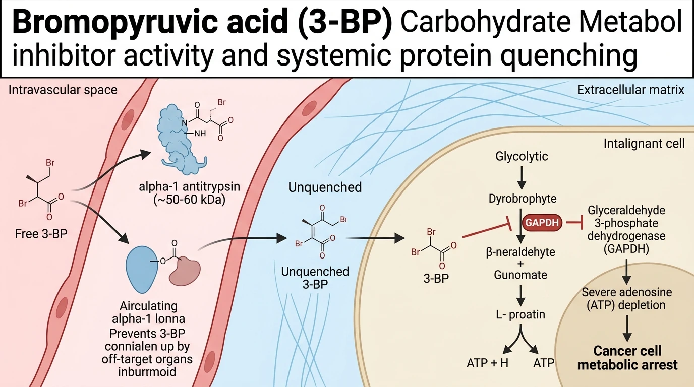 Schematic diagram of glycolytic pathway inactivation and systemic alpha-1 antitrypsin alkylation by 3-bromopyruvate