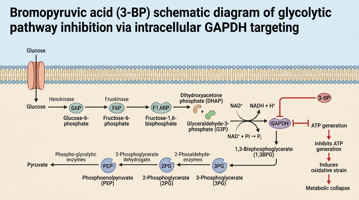 Bromopyruvic acid 3-BP schematic diagram of glycolytic pathway inhibition via intracellular GAPDH targeting