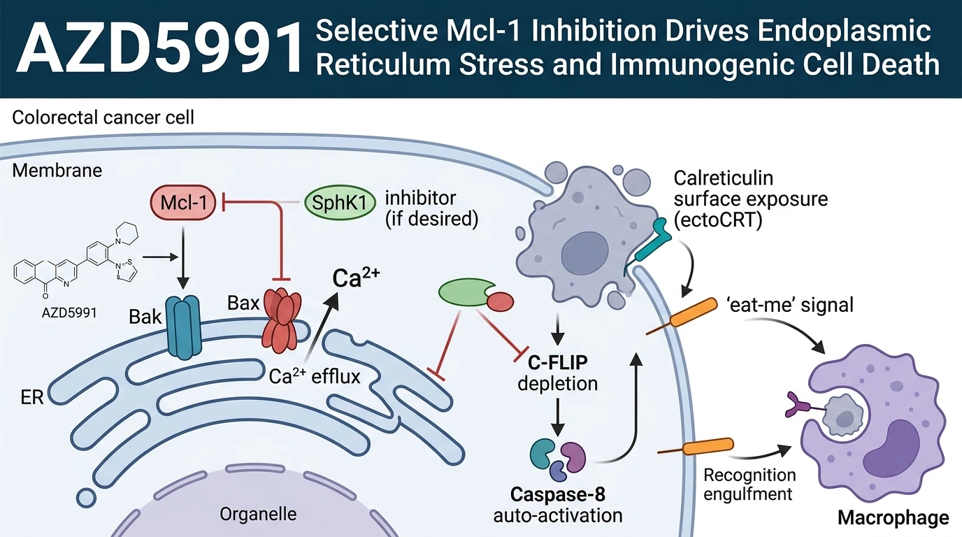 Schematic diagram of Mcl-1 apoptosis signaling pathway in cancer cells showing calreticulin translocation