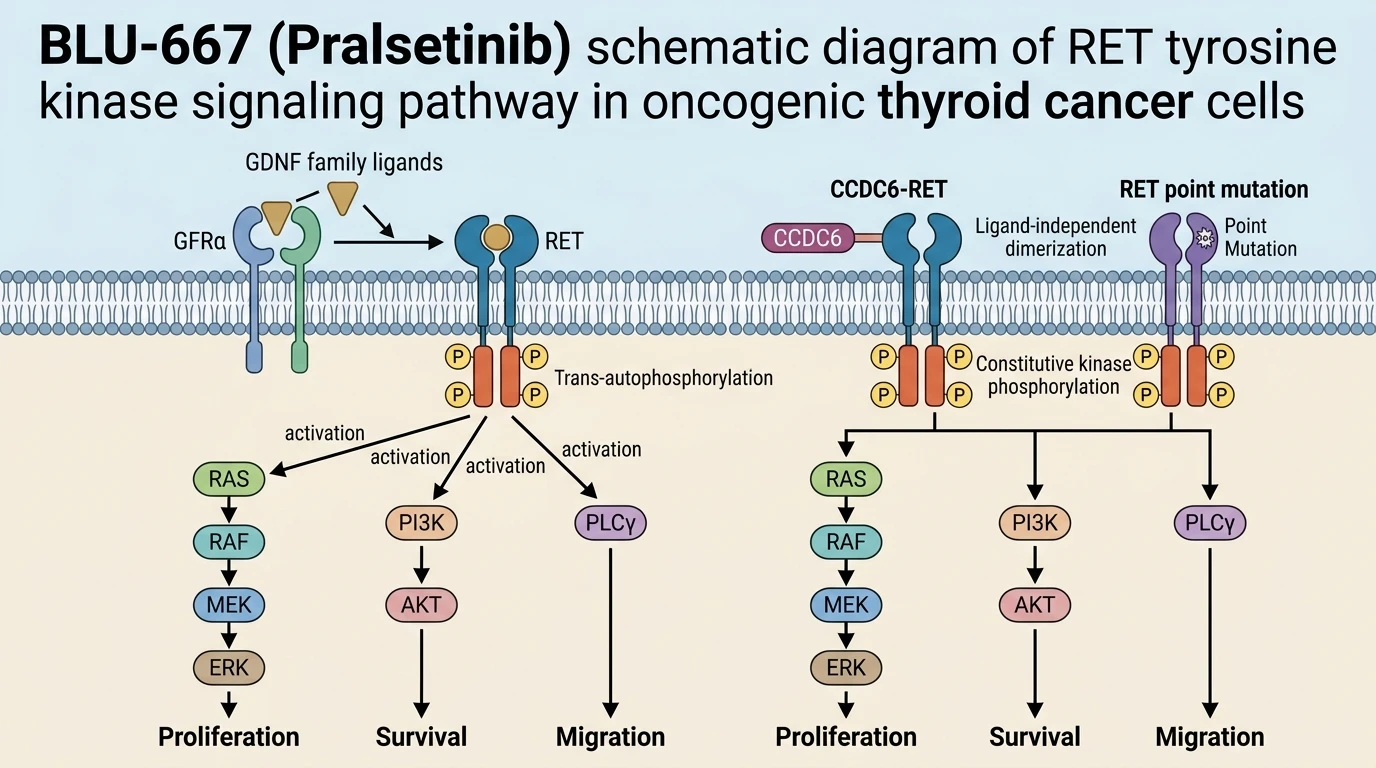 BLU-667 Pralsetinib schematic diagram of RET tyrosine kinase signaling pathway in oncogenic thyroid cancer cells