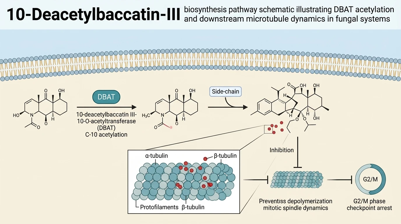 10-Deacetylbaccatin-III biosynthesis pathway schematic illustrating DBAT acetylation and downstream microtubule dynamics in fungal systems